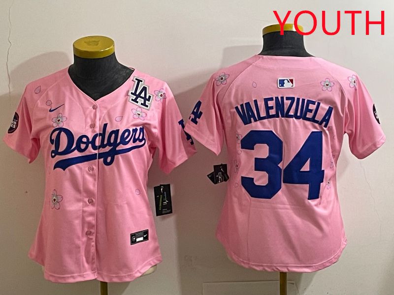 Youth Los Angeles Dodgers #34 Valenzuela Pink Sakura Edition 2025 Nike MLB Jersey style 40